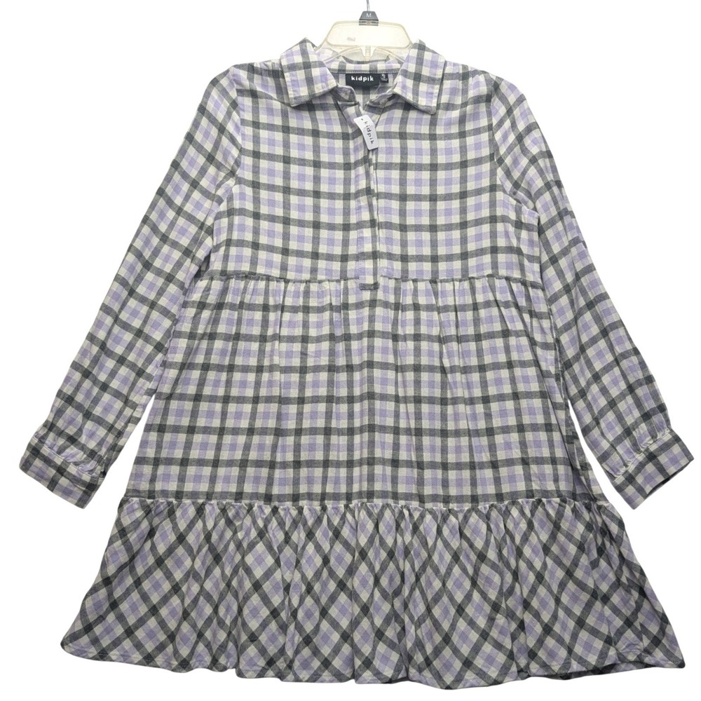 NWT Kidpik Plaid Tiered Dress Girls XL 14 Purple Grey Long Sleeve Flannel Cotton